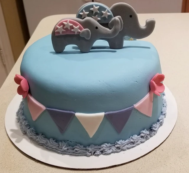Elephant celebration cake by Kakey Mae. Two elephant toppers, pastel bunting, and pink bows on a blue celebration cake.