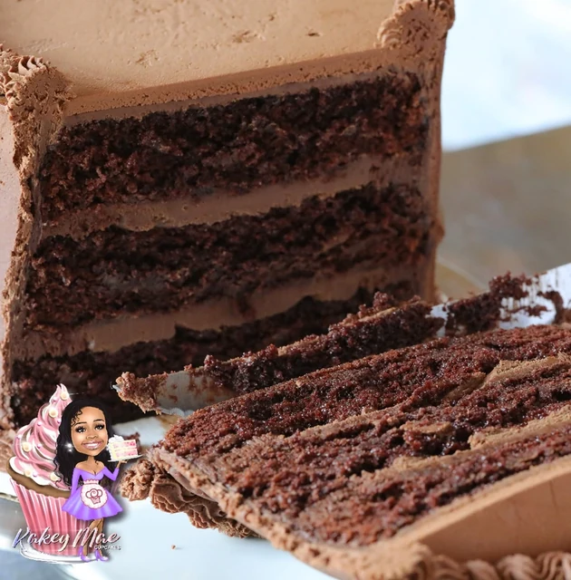 Chocolate layer cake by Kakey Mae. A cutaway view of a chocolate cake with thick layers of frosting.