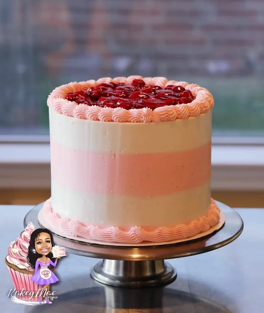 Pink berry-topped cake by Kakey Mae. Soft pink stripes, a piped border, and a glossy red fruit topping.