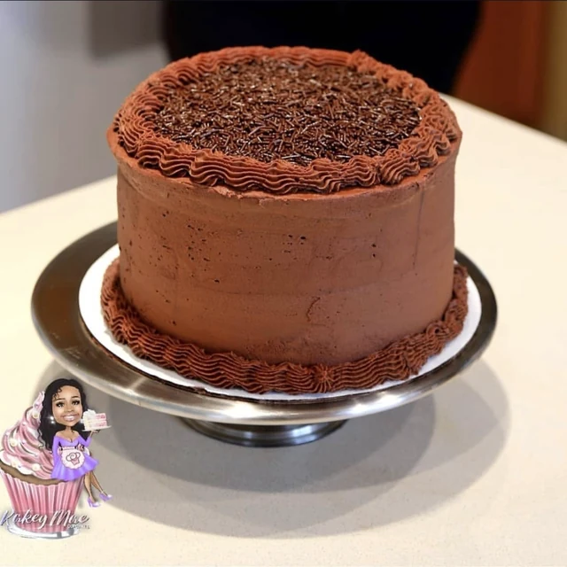 Chocolate sprinkle cake by Kakey Mae. Chocolate frosting, piped borders, and a top covered with chocolate sprinkles.